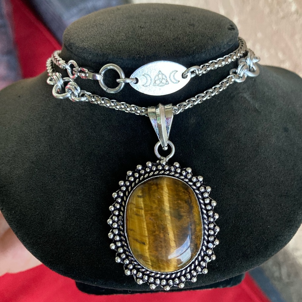 925 Sterling silver overlay golden brown tiger eye gemstone steel boho necklace - Picture 10 of 13